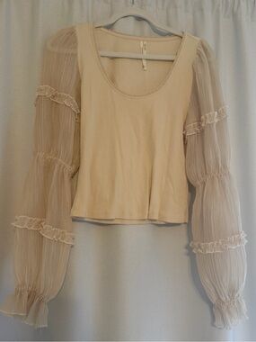 Anthropologie Women's Cream Puff-Sleeve Scoop Neck Top